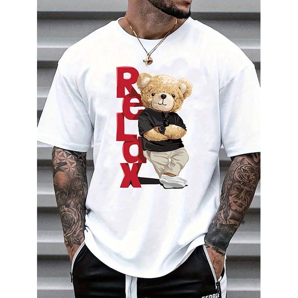 Men's Summer Letter Bear Print Round Neck Short Sleeve Casual T-Shirt, Casual Sporty Tee, Summer Gifts