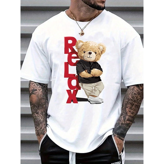 Men's Summer Letter Bear Print Round Neck Short Sleeve Casual T-Shirt, Casual Sporty Tee, Summer Gifts