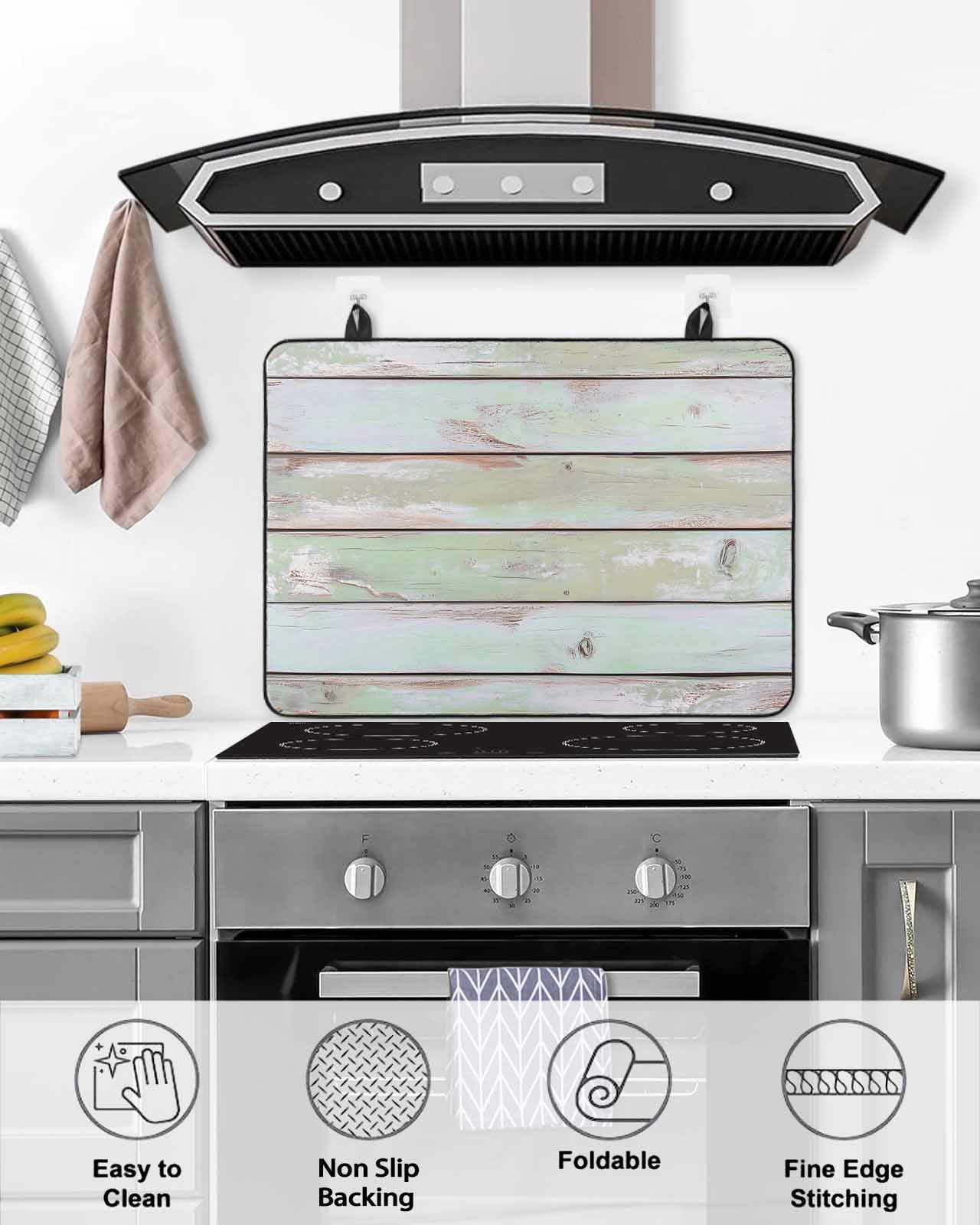 nqOlkjepod Large Induction Cooktop Protector Mat 24"x21", Green Grey Wooden Stove Top Covers for Electric Stove, Farmhouse Vintage Stripes Decorative Stove Burner Cover Mats, Glass Top Stove Cover