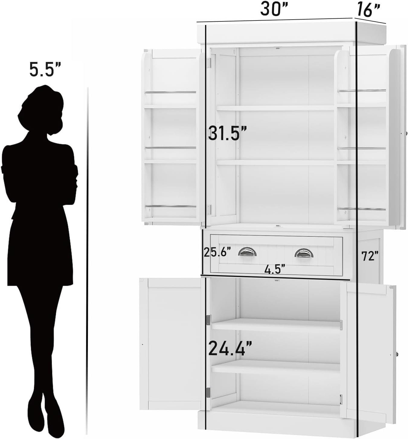 ChVans 72" Tall Kitchen Pantry with 4 Doors, Storage Cabinet with 1 Large Drawer 6 Hanging Shelves, Freestanding Cupboard for Dining Room Living Room