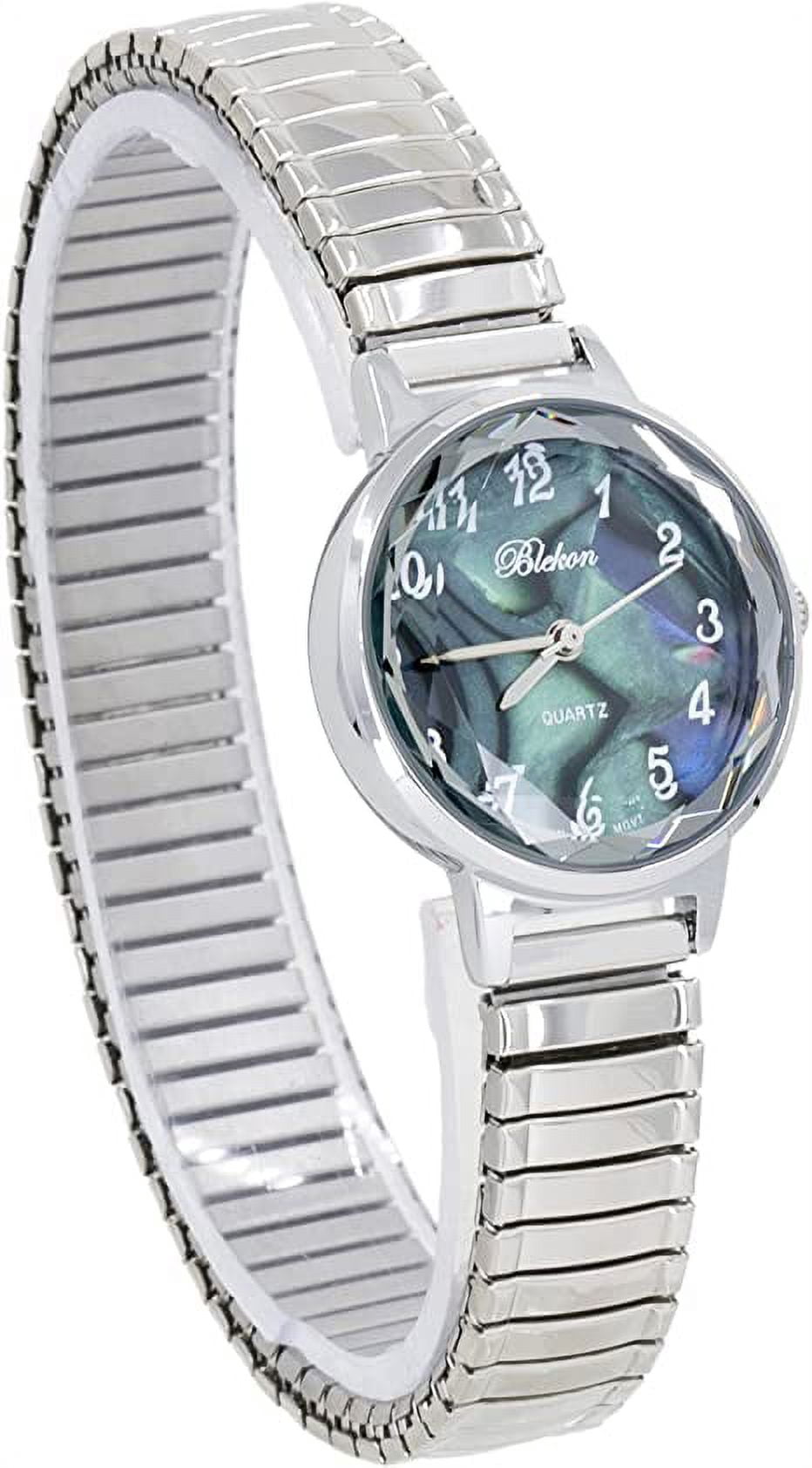 Blekon Collections Women's 25mm Analog Display Case Cut Crystal Mother of Pearl Dial Slim Metal Stretch Expansion Band Ladies Wrist Watch