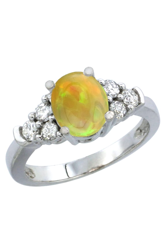 14K White Gold Diamond Natural Ethiopian Opal Engagement Ring Oval 9x7mm, size 8