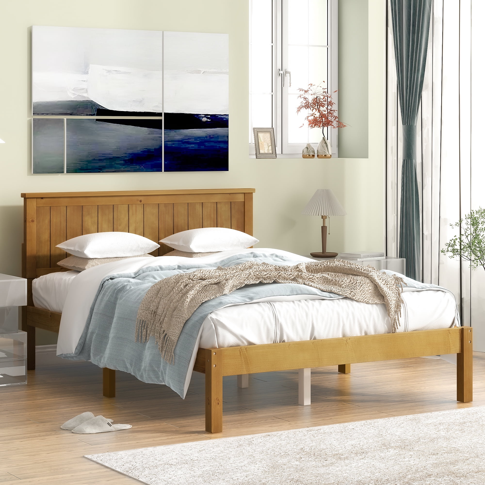 uhomepro Wood Platform Bed with Headboard, Pine Wood Full Bed Frame