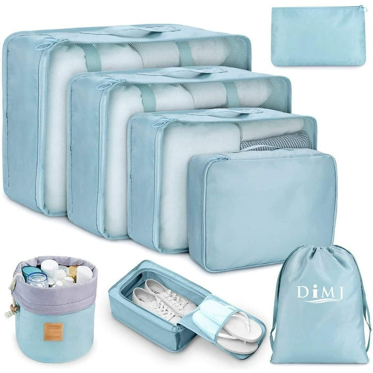 DIMJ Packing Cubes for Travel, 8pcs Foldable Suitcase Organizer Set for Bra, Socks, Cosmetics with Makeup Bucket Bag, Waterproof Lightweight Travel