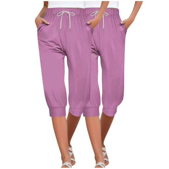 Diufon 2pc Womens Capris Pants Summer Solid Color Pants Elastic Waist Drawstring Pants with Pockets