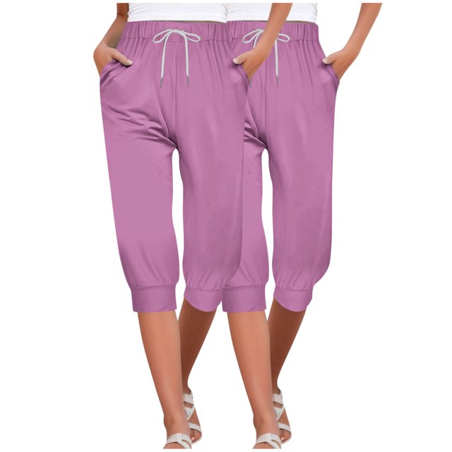 Timegard 2pc Capri Pants for Women Elastic High Waisted Drawstring Comfy Casual Crop Pants with Pockets