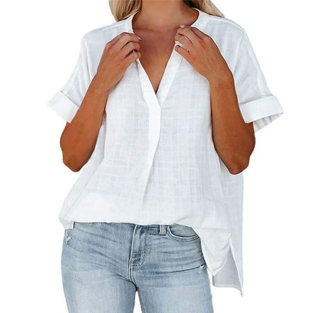 

ZIZOCWA Plaid Tunic Tops For Women Pajama Shirt Women Long Sleeve Women Summer V Neck Chiffon Blouses Casual Loose Tunic Short Sleeve Tops Plus Size Shirts For Women