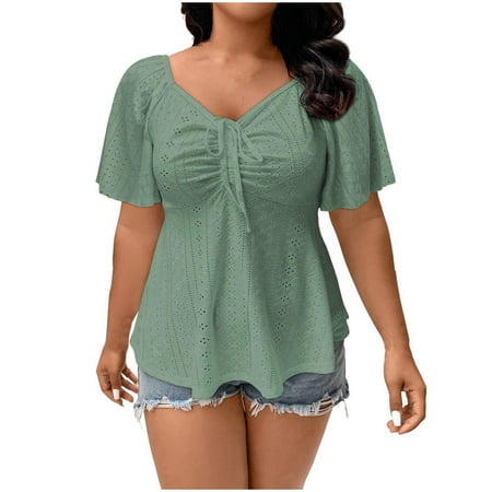 ZyeKqe Plus Size Eyelet Tops for Women Short Sleeve Shirts Lace up V Neck Pleated Tunic Top Babydoll Blouses