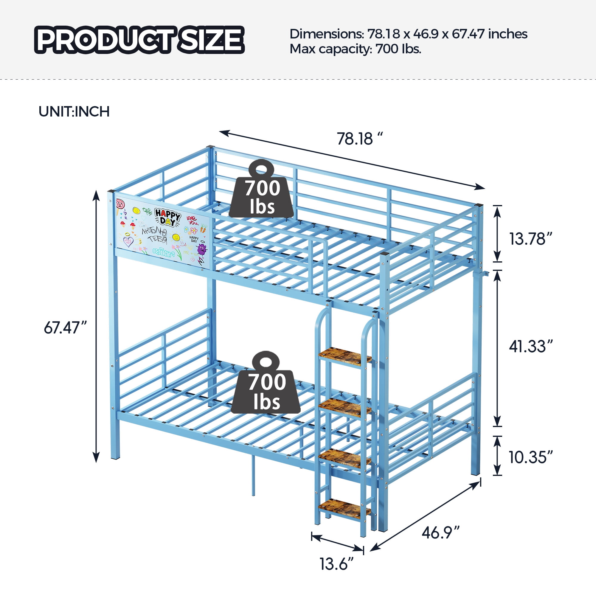 Convertible Metal Bunk Bed Separates into 2 Full Size Beds, Heavy Duty Frame with Full-Length Guardrail and Ladder, No Box Spring Needed, Blue