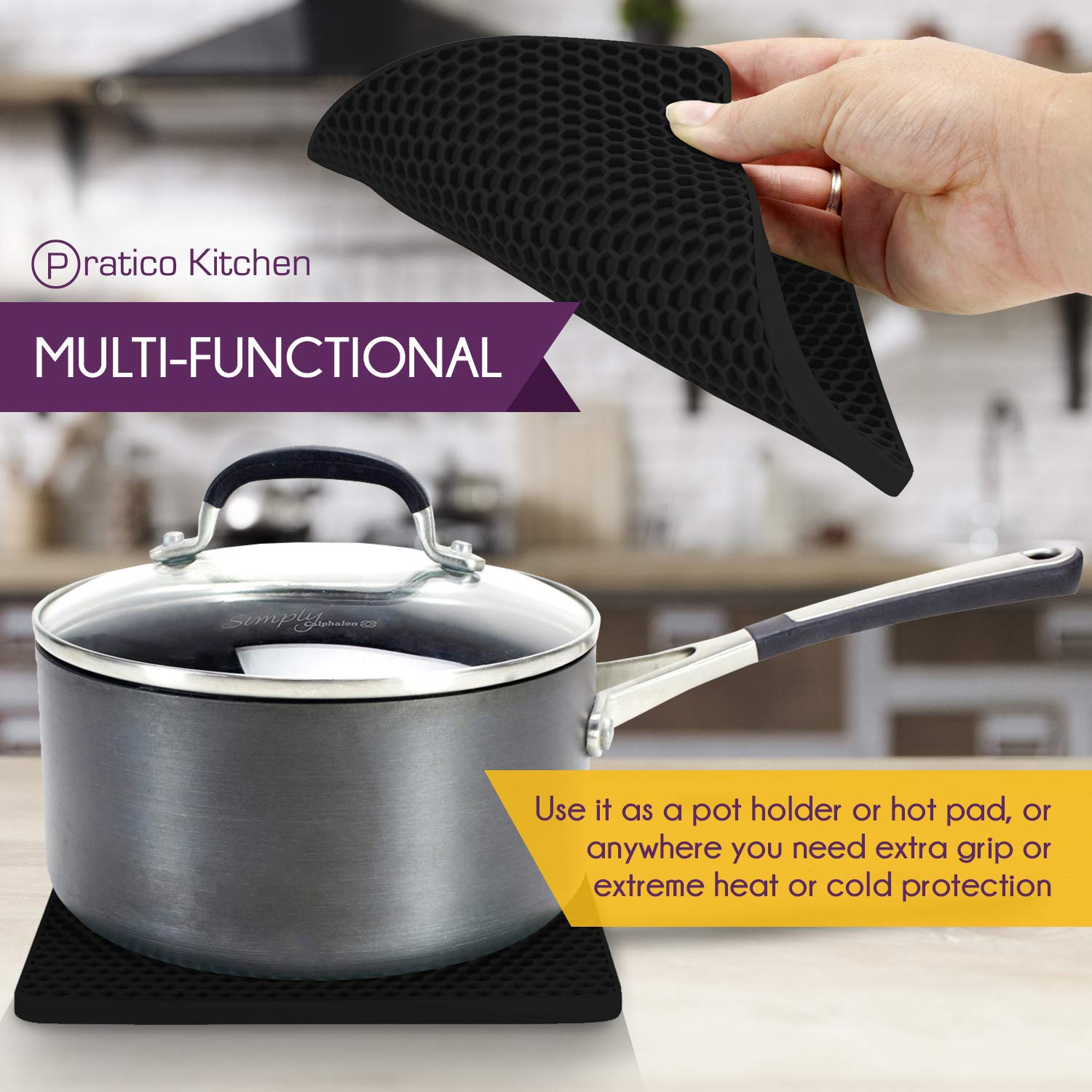 Pratico Kitchen Silicone Pot Holder, Multipurpose, Use as Trivet, Spoon Rest and Jar Opener, Black, 2 Pack - image 5 of 8