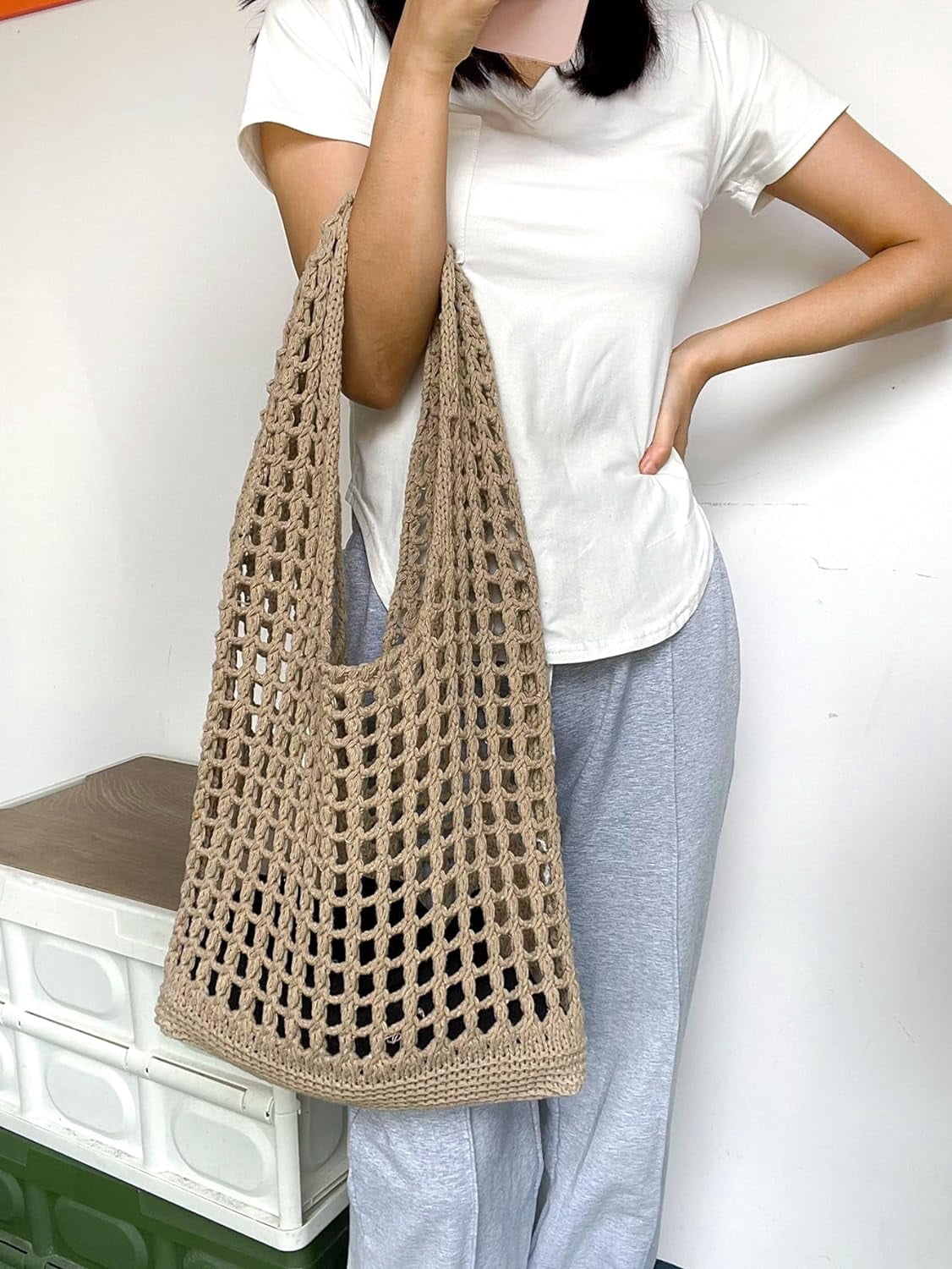 Women's Hollow Out Knit Tote Handbags Crochet Shoulder Bag