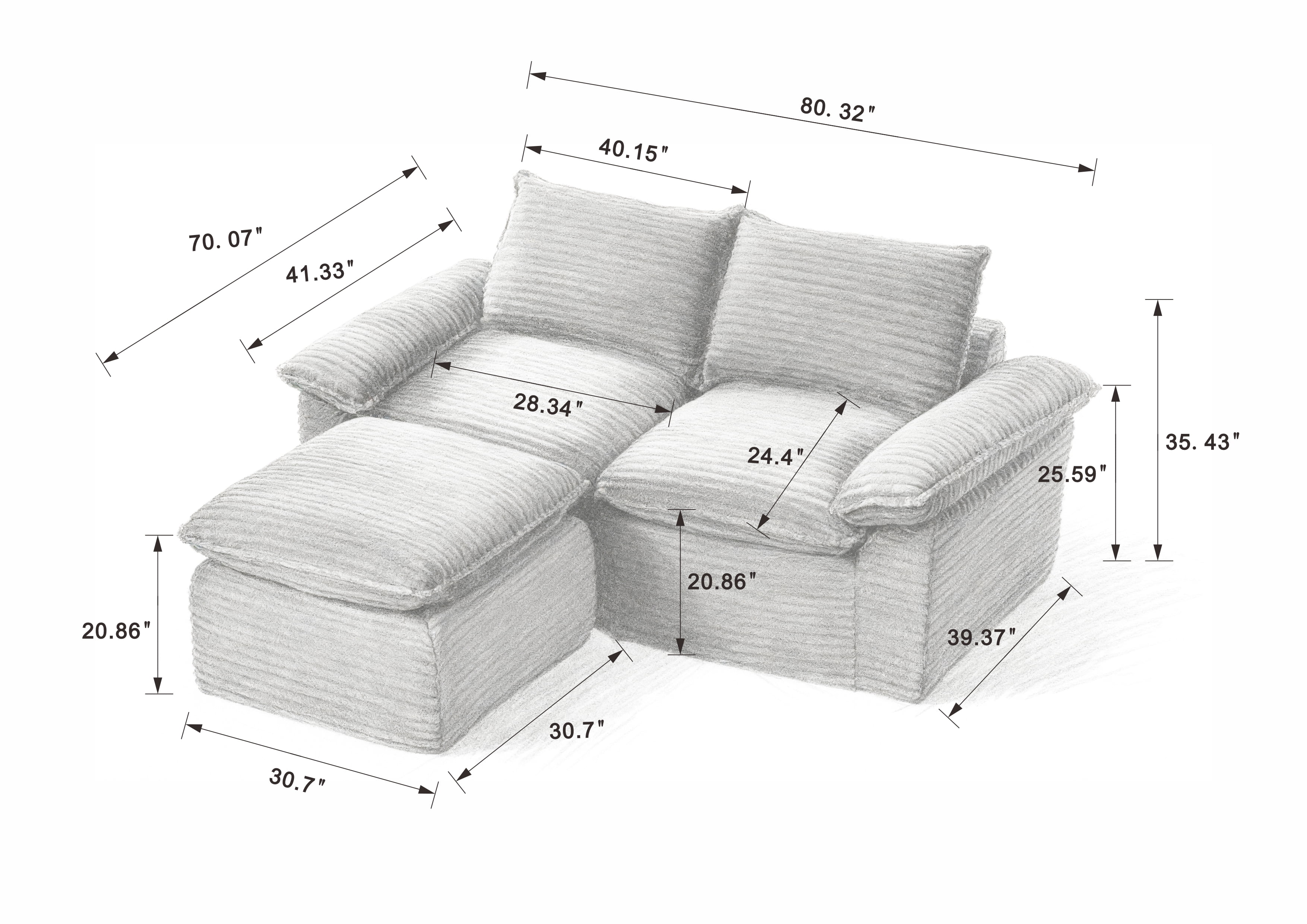 MAYEERTY Modern Modular Corduroy Sofa, White Cloud-Soft Sectional Couch for Apartment