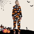 thumbnail image 4 of FASHOFT Womens Halloween Pajamas Set Pumpkin Ghost Print Silk Satin Long Sleeve Button Down Shirts Matching Pants Set Cute Comfy Pjs Black L, 4 of 5