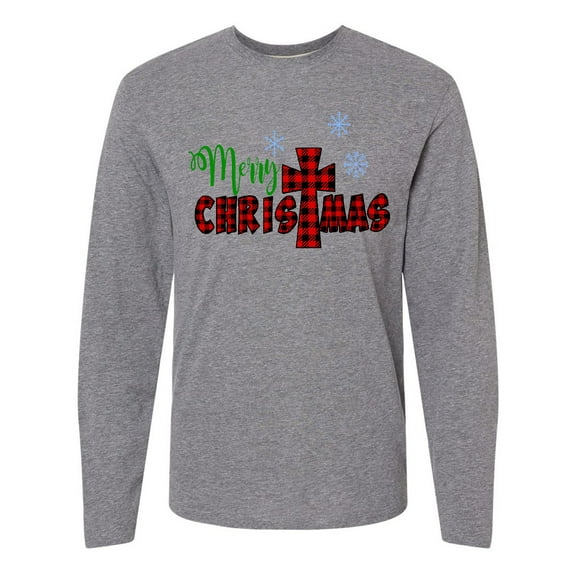 Inktastic Merry Christmas Buffalo Plaid Cross with Snowflakes Long Sleeve T-Shirt