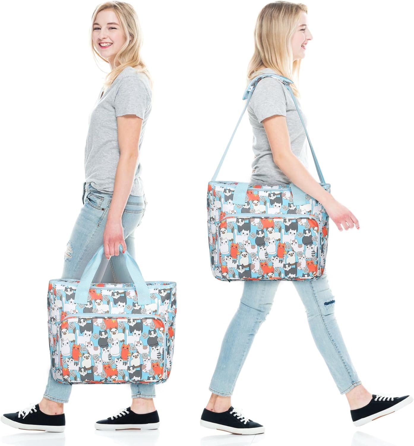 Yarn Storage Organizer Travel Crochet Bag, Large Capacity Tote Bag Knitting Bag for Carrying Projects, Knitting , Crochet Hooks and Yarn, Cute Blue