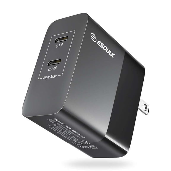 Esoulk 45W Dual Port USB-C PD (Power Delivery), Ultra Compact, Folding Blade Plug-in, Super Fast Charging Wall Charger for Samsung Galaxy A15 5G - Black