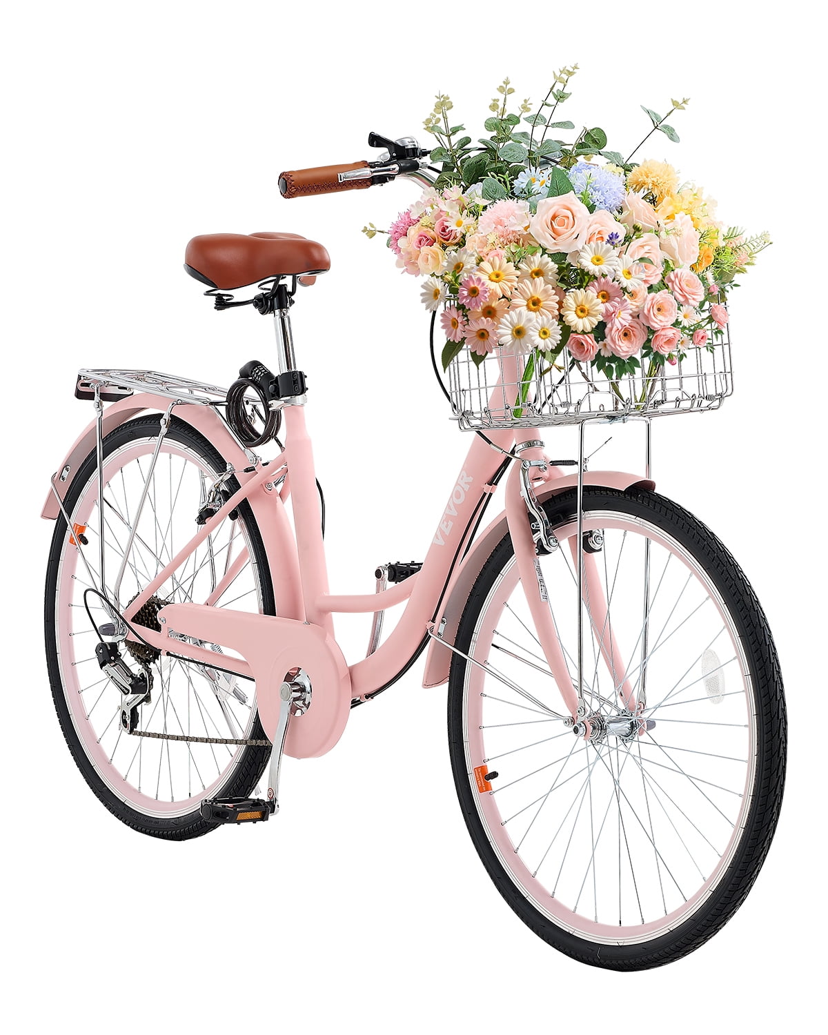 VEVOR 26-Inch Cruiser Bike 7-Speed Pink Beach Cruiser Bike with