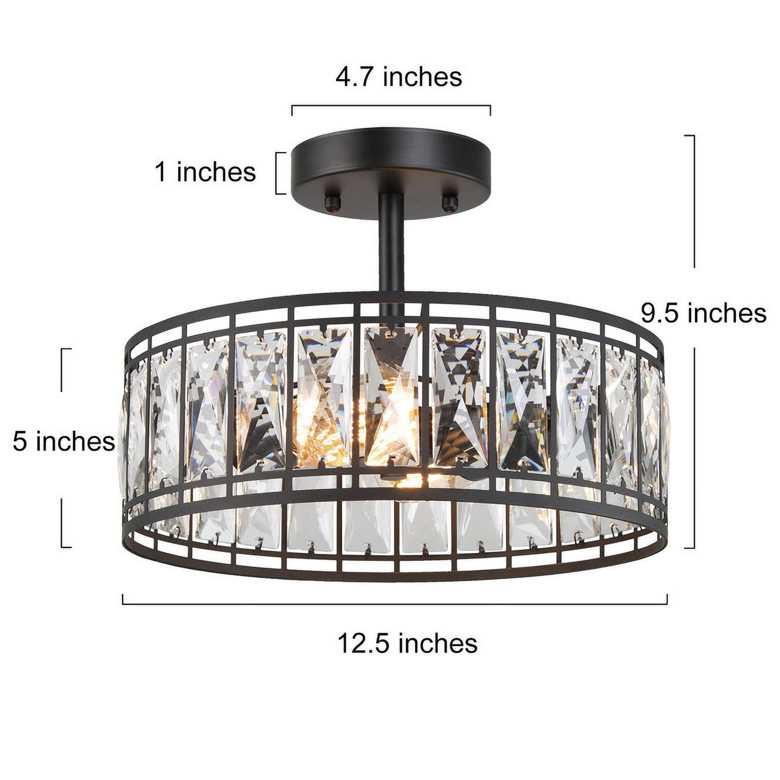 LNC 2-Light Matte Black Semi Flush Mount with Crystal Accents, Modern Ceiling Light