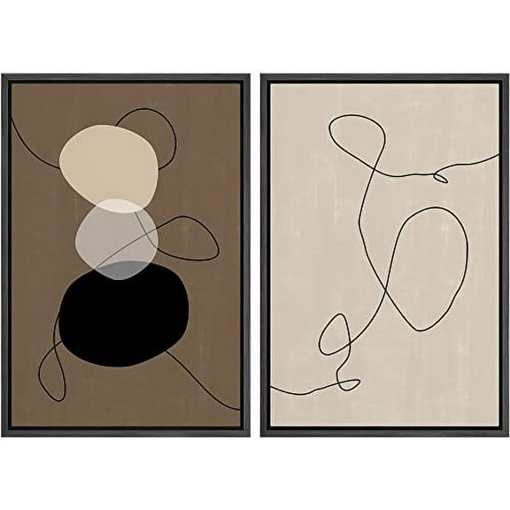 IDEA4WALL Framed Canvas Print Wall Art Brown and Black Transparent Circle and Line Collage Abstract Shapes Modern Boho Relax/Calm for Living Room, Bedroom, Office - 24"x36"x2 Black