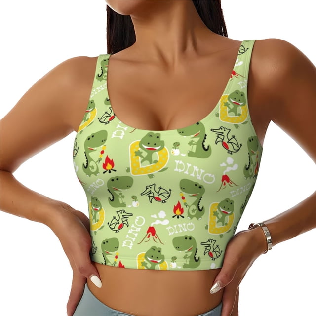 Fotbe Cute Dinosaurs Cartoon Sujetador Deportivo Largo sin Aros para Mujer con Almohadillas y Soporte Medio, Transpirable y Absorbente, Camiseta Tipo Chaleco o Tank Top-Large