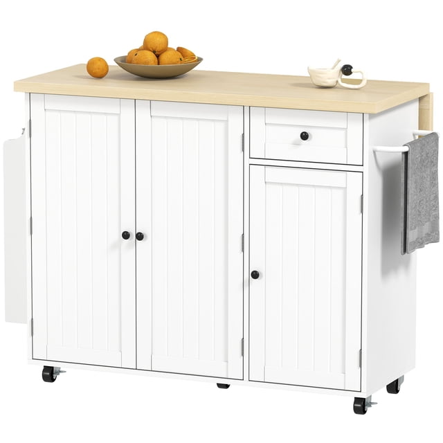 White Rolling Kitchen Island Cart with Drop Leaf & Storage - 49"W x 31"D - Farmhouse Style Kitchen Island Table for Living Room, Dining & Entryway