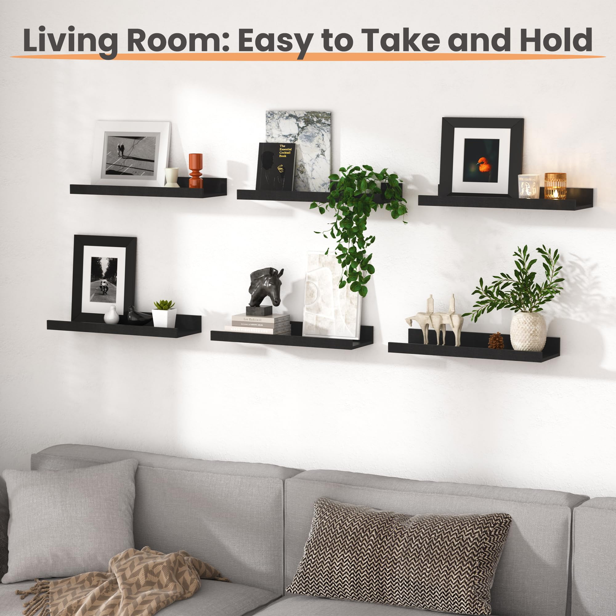 Floating Shelves for Wall, Wall Shelves for Decor Storage Set of 6, Wall Mounted Wood Shelf for Bedroom, Living Room, Bathroom, Kitchen, Picture Ledge Shelf