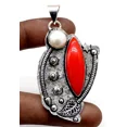 thumbnail image 2 of 925 Sterling Silver Red Coral & MOP Gemstone Jewelry Pendant Size-2.10", 2 of 2
