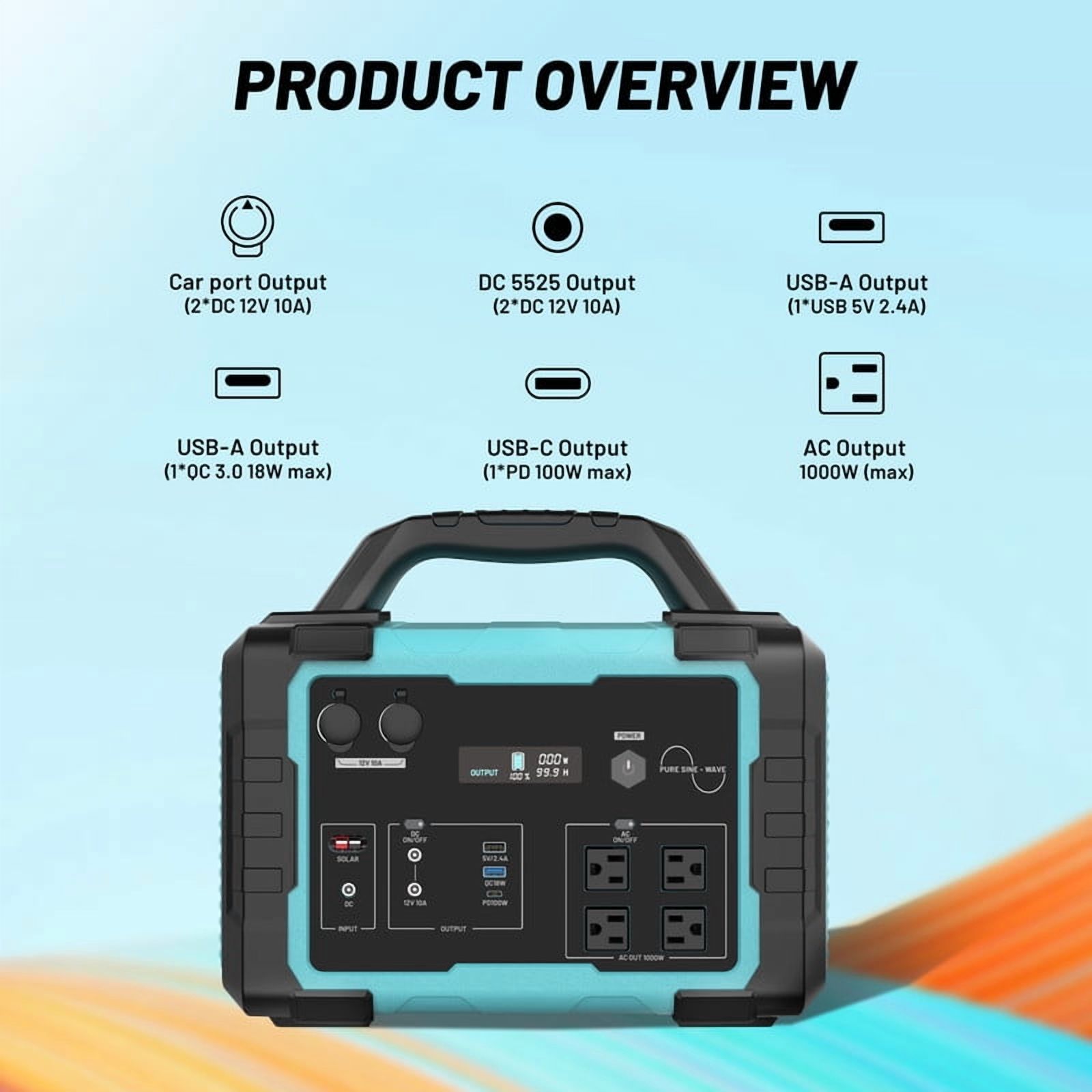 1000W Portable Solar Generator, 1024Wh LiFePO4 Battery Power Station with 120V AC Outlets, Backup Power Supply for Camping, Outdoor Travel, RV, and Home Emergency - Blue