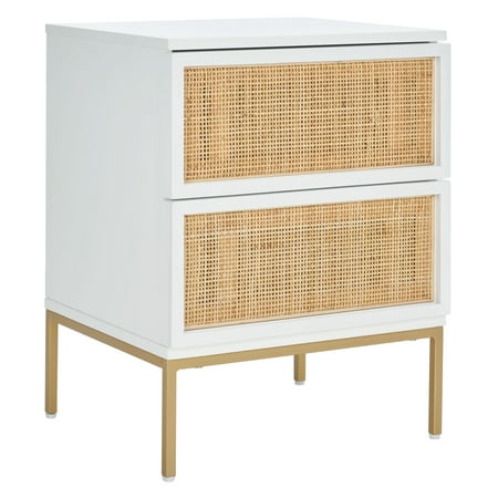 SAFAVIEH Zadie 2 Drawer Rattan Nightstand White w/ Natural Rattan/Gold Legs