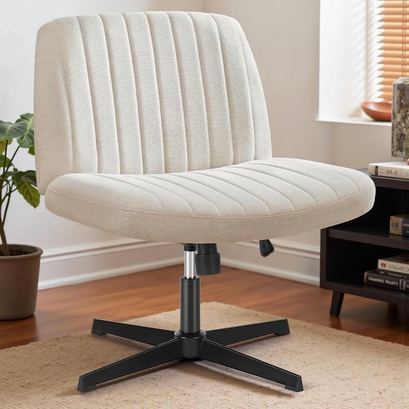 Kelno Linen Cross Legged Desk Chair Wide Seat Chair Ergonomic Height Adjustable Swivel Office Vanity Chair, Beige