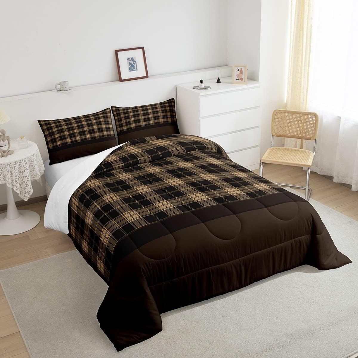 Vintage Bedding Sets,Rustic Comforter Set ,Farmhouse Plaid Check Quilt Set for Cabin Lodge,Geometric Lattice Duvet Insert with 1 Pillow Sham Warm,King,Brown