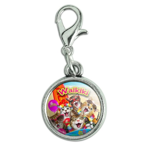 Waikiki Beach Cat Surf Selfie Honolulu Hawaii Antiqued Bracelet Pendant Zipper Pull Charm with Lobster Clasp