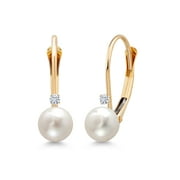 Gem Stone King 14K Yellow Gold Round White Cultured Freshwater Pearl and Round White Moissanite Leverback Drop Dangle Earrings for Women (Pearl: 5.5MM, Moissanite: 1.5MM)