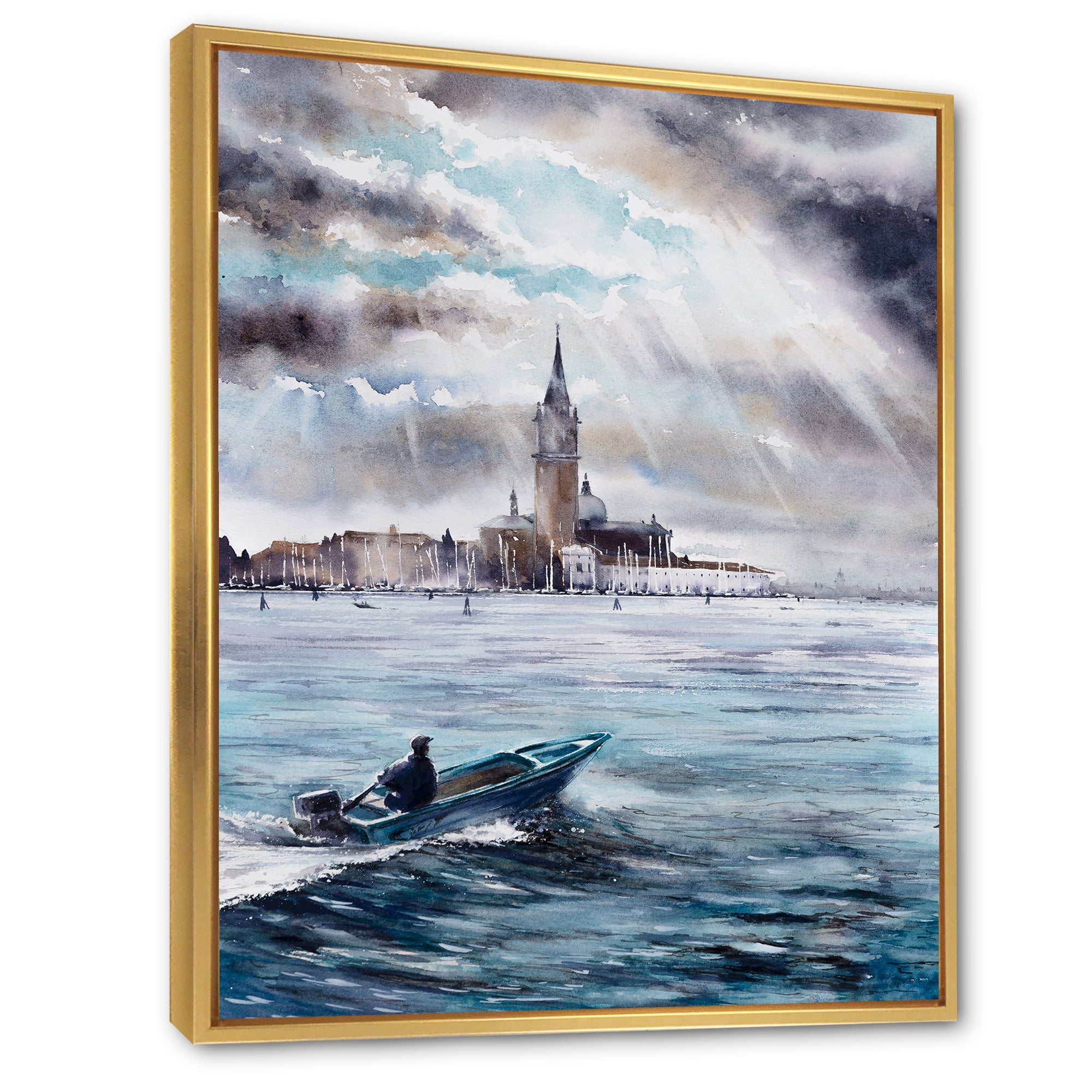 Designart 'Boat Returning In Storm Over Venice In Italy' Nautical & Coastal Framed Canvas Wall Art Print