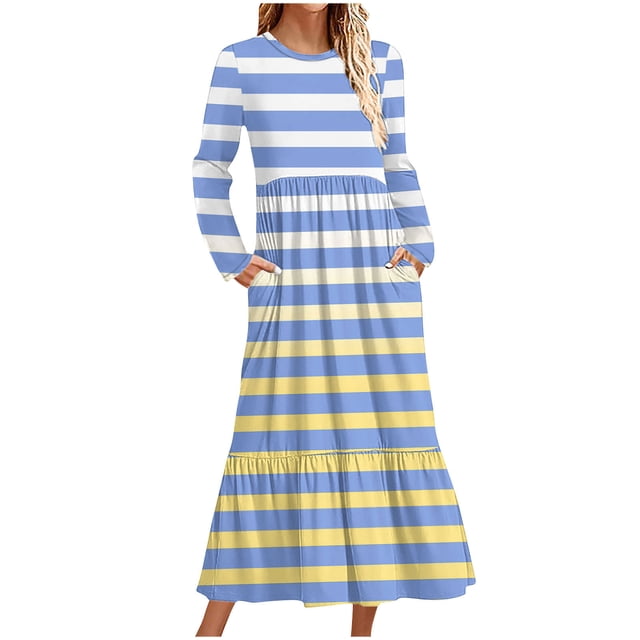Robe de Mariage Grande Taille pour Femme Automne à Manches Longues Maxi 2024 Décontractée à Col Rond Fluide Évasée Robe d'Invitée de Mariage avec Poches P-199 Bleu Clair G
