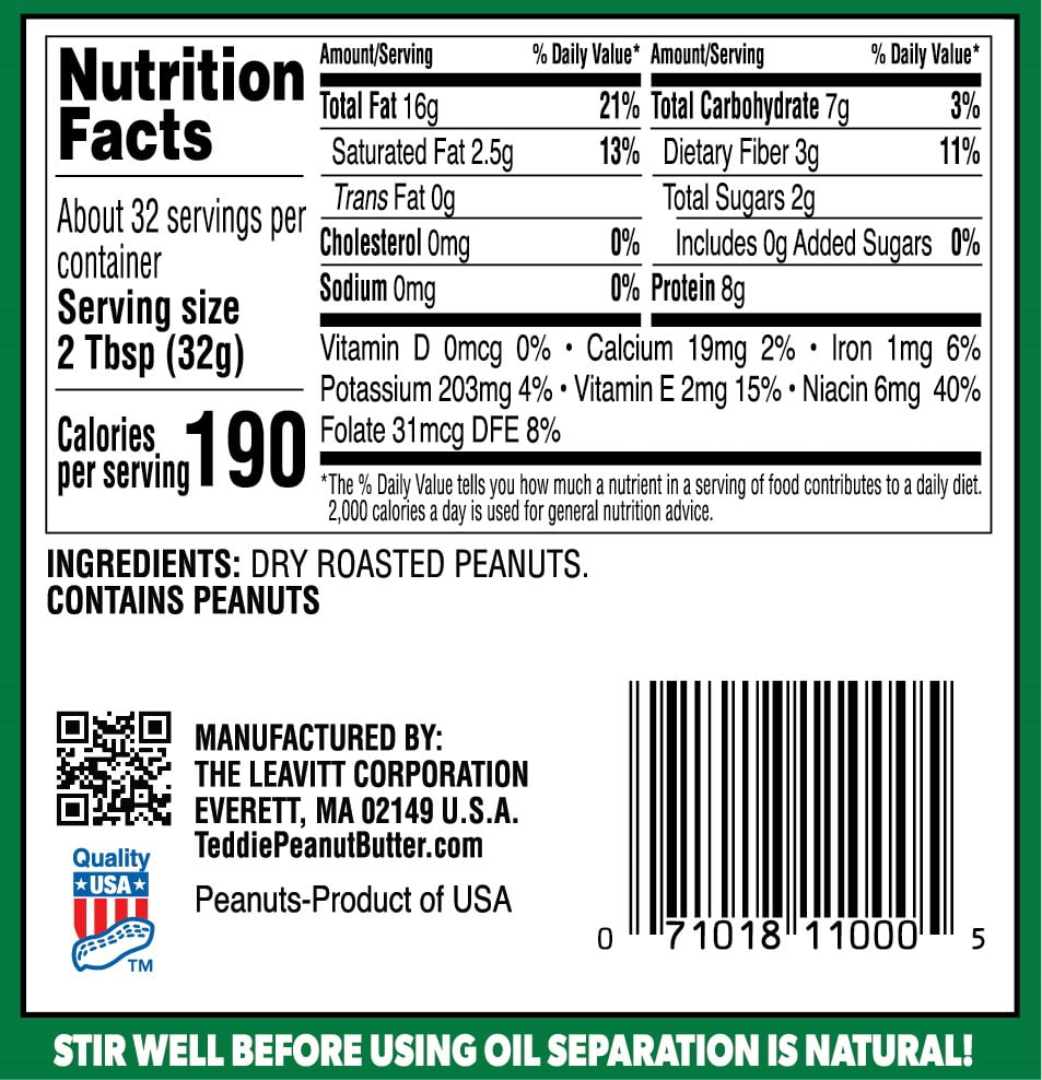 Teddie All Natural Smooth Unsalted Peanut Butter, 36 oz