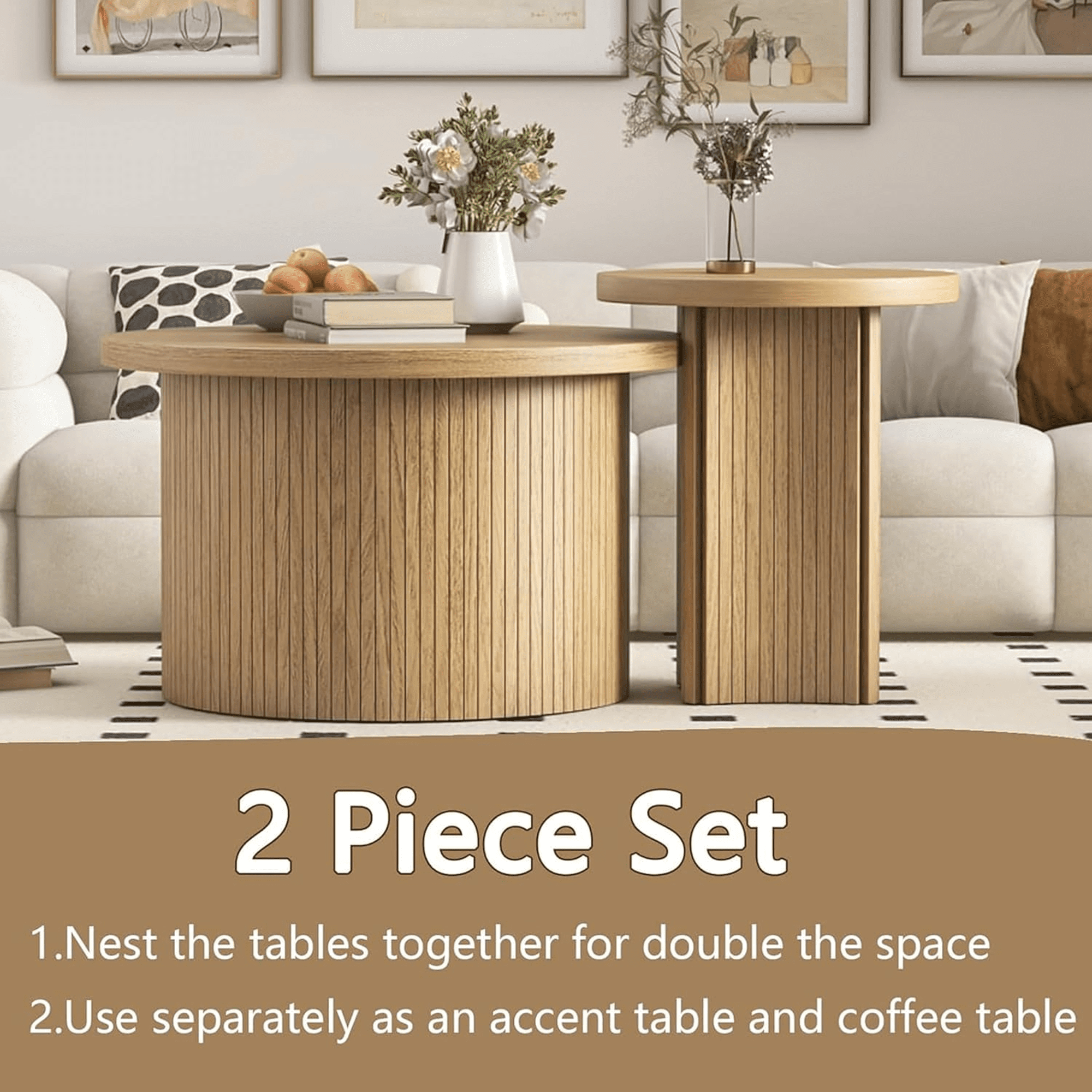 Modern Nesting Coffee Table Set of 2, Wood Round Table for Living Room Bedroom Balcony