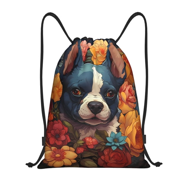 Xecao Cute Colorful Flower French Bulldog Pattern Sports Drawstring Backpack - String Swim Gym Bag with Wet Proof Pocket for Women&Men-Small