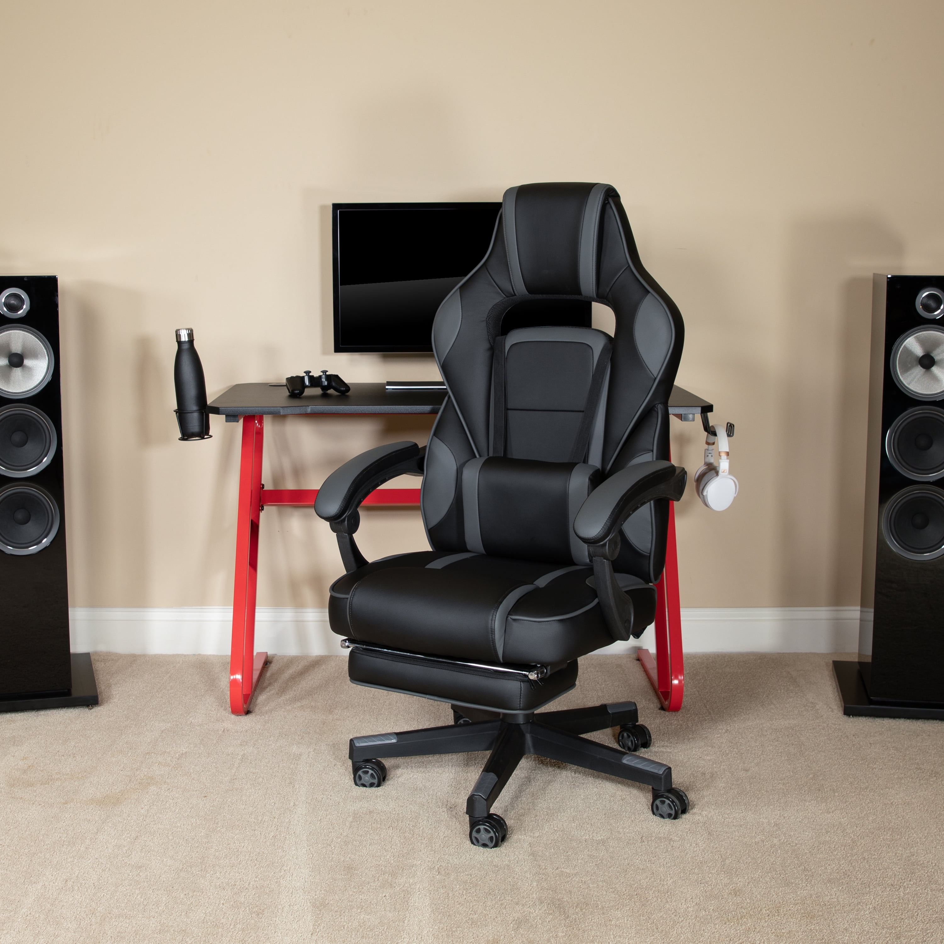 BizChair Red Gaming Desk with Cup Holder Headphone Hook Red