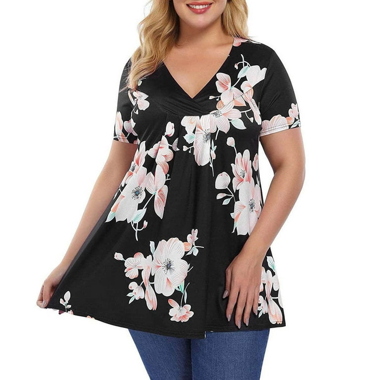 Long Tops for Leggings Christmas Tunics for Women plus Size Womens Summer  Fashion Top Plus Size Pleated Short Sleeve V Neck Loose Top Casual Tunic  Tee 2x Womens plus Size Bathing Suit