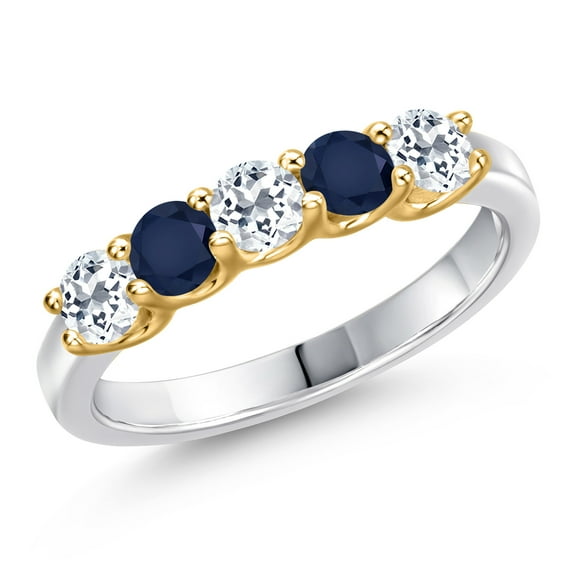 Gem Stone King 10K Two Tone Gold White Topaz and Blue Sapphire Wedding-Bands Ring for Women | 1.09 Cttw | Round 3.5MM | Gemstone November Birthstone | Size 6