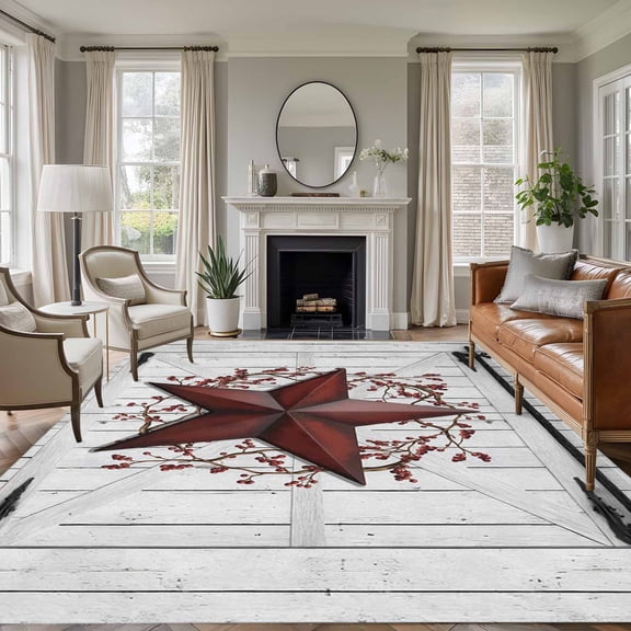 Large Area Rugs for Living Room Bedroom, Texas Star Retro 8'x10' Rug Washable Carpet Runner Indoor Outdoor, Vintage Red Wooden Berry Non Slip Floor Mats Rug for Kitchen, Patio