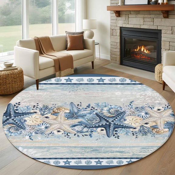 Navy Blue Starfish Coastal Round Area Rug 7Ft Washable Circle Rugs for Dorm Laundry Room, Beach Coral Botanical Nautical Non-Slip Carpet Floor Mats Indoor Outdoor Carpet Runner Aesthetic Home Decor