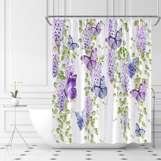 SPXUBZ Butterfly Shower Curtain Purple Floral Watercolor Flower