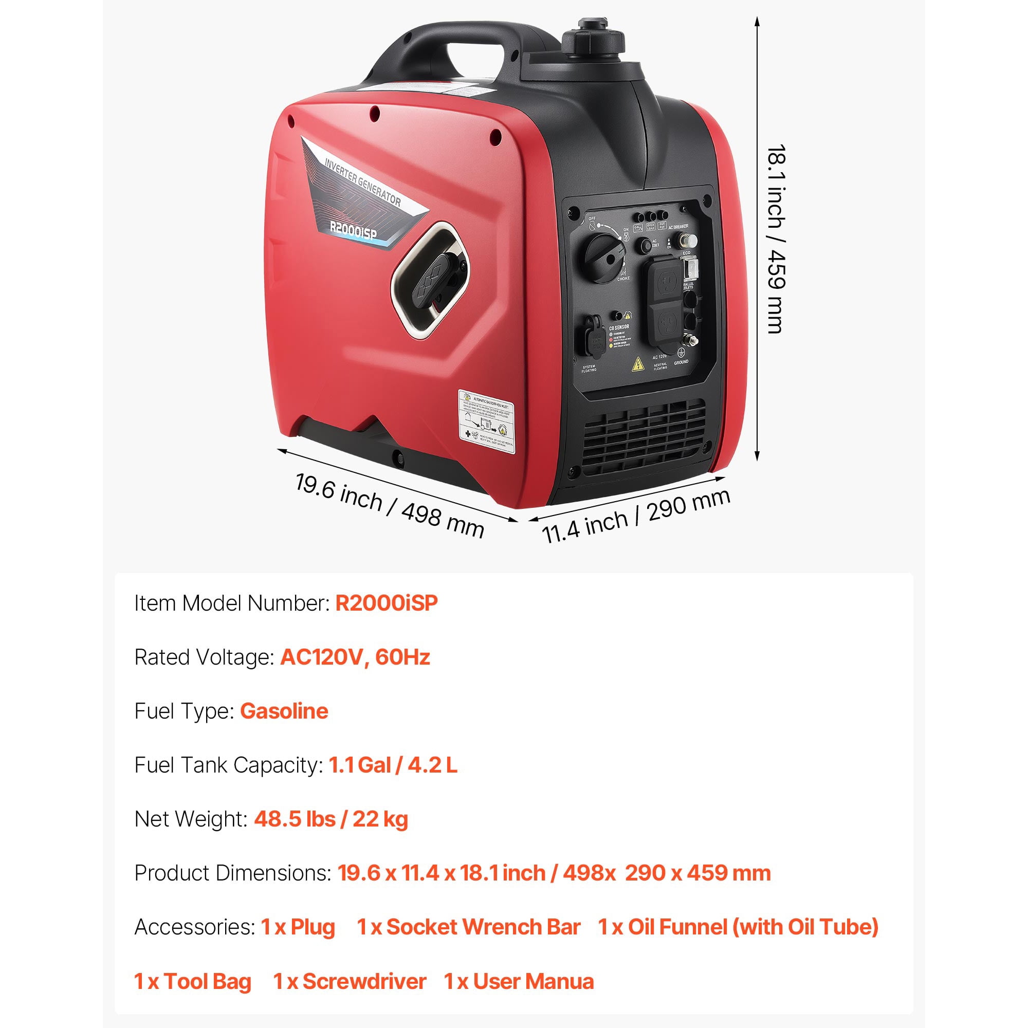 KFFKFF Portable Gas-Powered Inverter Generator, 2900W Peak Output, Quiet Operation for Home Use, Compact Design with CO Sensor, Orange/Black