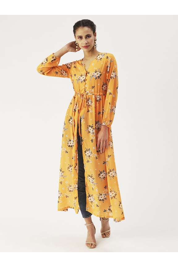 Women’s Printed Poly Georgette Top Long Sleeves with Elasticated Cuffs Round Neck Front Open Slit with Tie-up Strings Casual Long Top