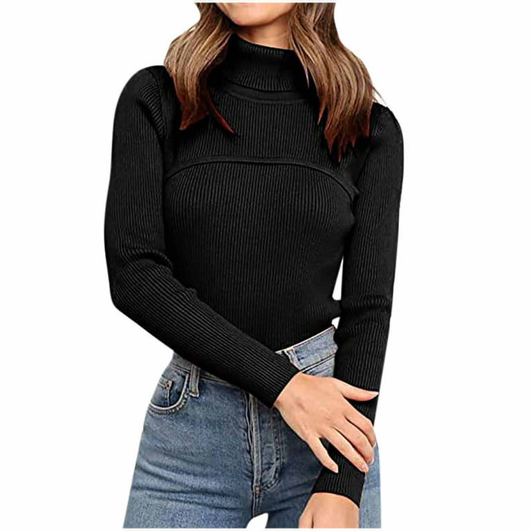 Womens Business Casual Sweater, Spring Long Sleeve Turtleneck Ribbed  Shirts, Ladies Elegant Solid Slim Pullover Tops