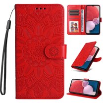Nalacover Wallet Case for Samsung Galaxy A04E, Exquisite Flower Embossed Pattern Magnetic Clasp PU Leather Flip Folio Cover with Kickstand Card Slots Holder Soft Silicone Shockproof Case,Red