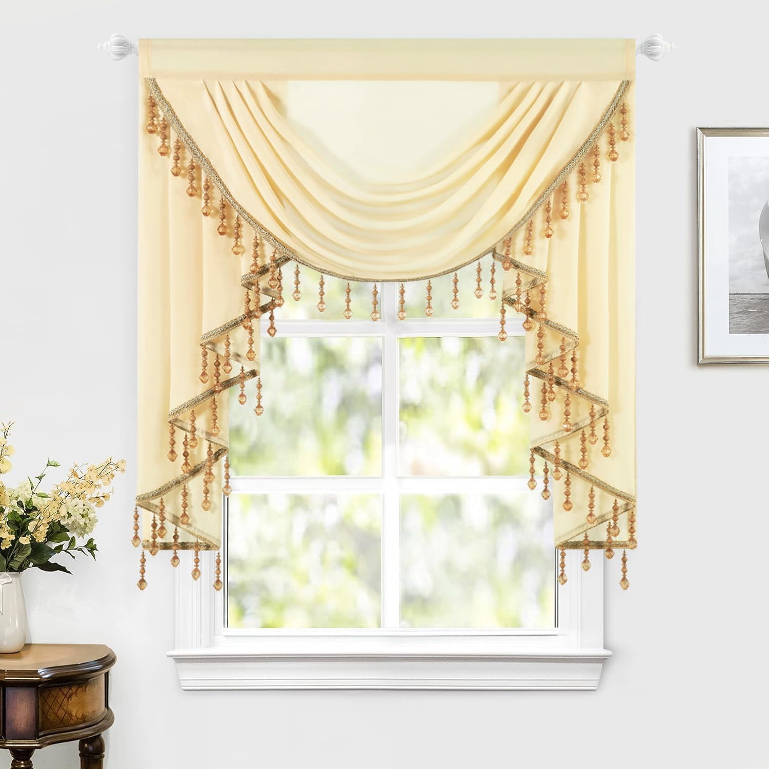 Luxury Sheer Valance with Beaded Tassels - Vintage White Waterfall Swag Window Curtain for Bedroom & Living Room, Decorative Short Drapes, 39 Inches Wide, 1 Panel