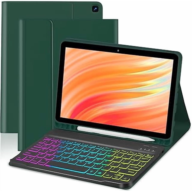 Funda con Teclado Retroiluminado Arcoíris con Ranura para Lápiz, Verde Oscuro para 10.1" 2021/2023